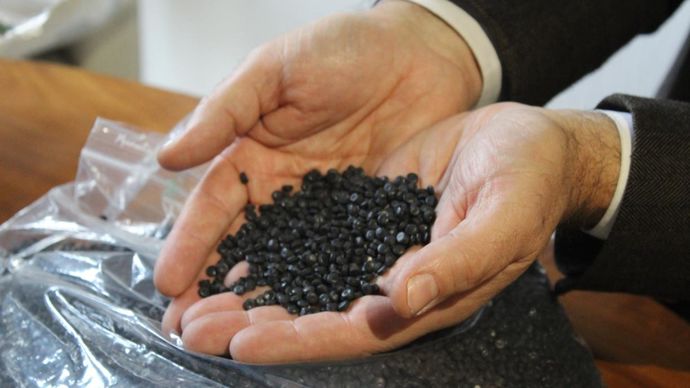 La dernière étape est l’extrusion : les plastiques passent dans une vis sans fin avec montée en température. Ils ressortent sous forme de filet qui seront découpés et refroidis dans l’eau, donnant des granulés. Ils serviront par exemple à faire des gaines d’irrigation. © M. COISNE